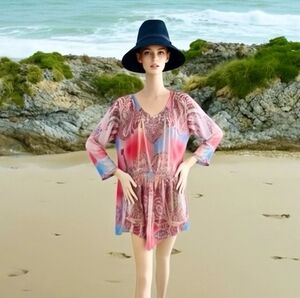 Daniel Benjamin Sheer Studded Tunic Blouse Dress Multicolor V-Neck Size M